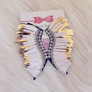 White & Silver Sequin Feather Wings Beaded Rhinestone Accent Statement Earrings
